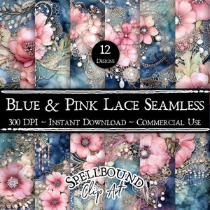 Papeles digitales sin costuras de encaje azul y rosa, uso comercial, descarga instantánea, imágenes prediseñadas de flores, patrón sin costuras, imágenes prediseñadas Shabby Chic