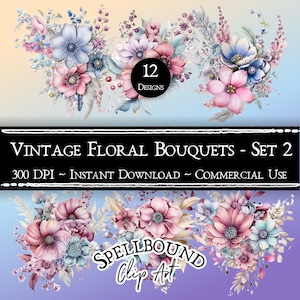 Vintage Flower Bouquets Bouquets, Digital Clipart, Commercial Use, Instant Download, Flower Clip Art, PNG, Digital Ephemera