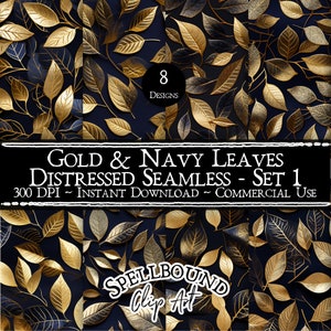 Distressed Gold en Navy Leaves Naadloze Digitale Papers, Commercieel Gebruik, Instant Download, Natuur Clipart