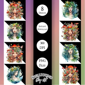 May include: Eight watercolour illustrations of women with floral crowns and mushrooms. The women have long flowing hair and are surrounded by greenery and butterflies. The illustrations are in a whimsical style and are perfect for digital scrapbooking, card making, and other creative projects.