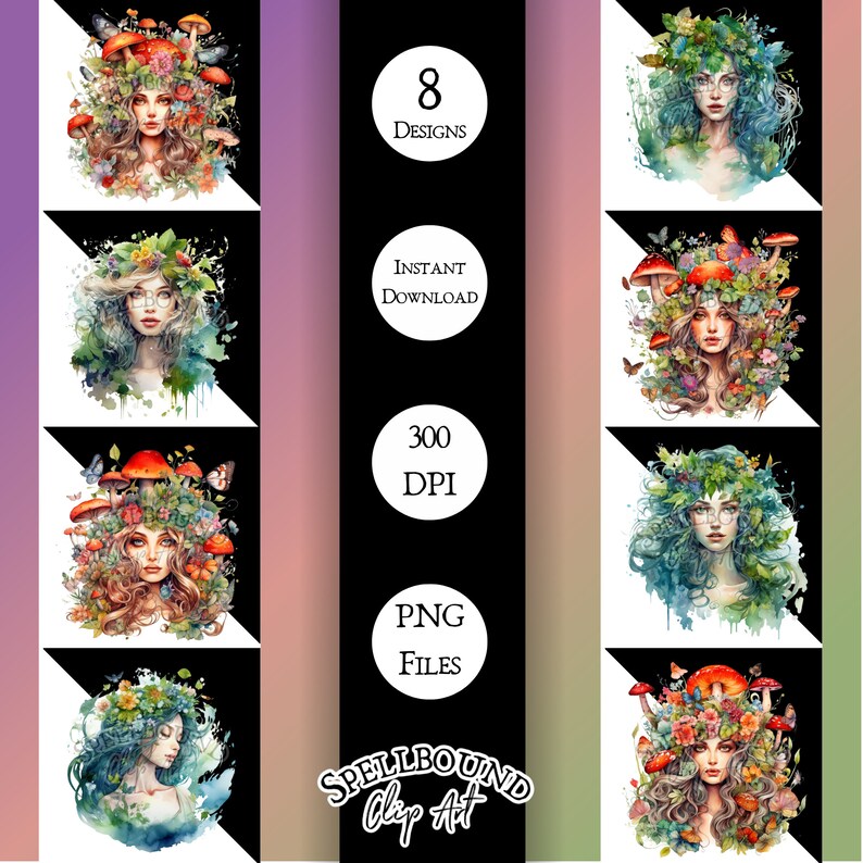 May include: Eight watercolour illustrations of women with floral crowns and mushrooms. The women have long flowing hair and are surrounded by greenery and butterflies. The illustrations are in a whimsical style and are perfect for digital scrapbooking, card making, and other creative projects.