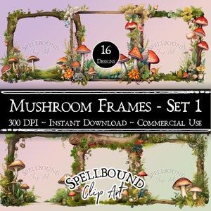 Pilz Frames digitale Clipart, kommerzielle Nutzung, sofortiger Download, Pilz Clip Art, PNG, Natur Clipart, Wildblumen Clipart, Border