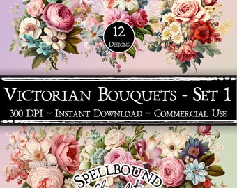Victorian Flower Bouquets Digital Clipart, Commercial Use, Instant Download, Flower Clip Art, PNG, Victorian Floral, Rococo, Baroque