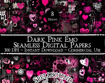 Dark Pink Emo Nahtlose digitale Papiere, kommerzielle Nutzung, Sofort-Download, Herz Clipart, Valentinstag, Pink und Schwarz, nahtloses Muster