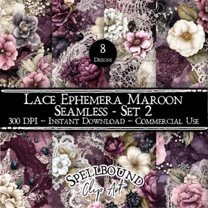 Maroon Lace Ephemera Documenti digitali senza giunture, Uso commerciale, Download istantaneo, Clipart di fiori, Clipart vintage