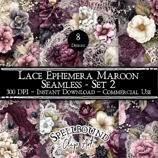 Maroon Lace Ephemera Seamless Digital Papers, Commercial Use, Instant Download, Flower Clipart, Vintage Clipart