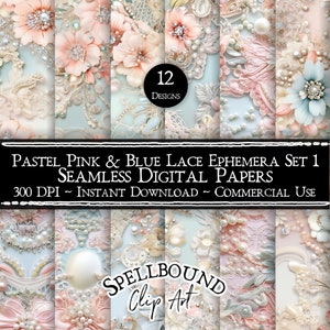 Pastellblaue und rosa Spitze Ephemera nahtlose digitale Papiere, kommerzielle Nutzung, sofortiger Download, Blumen Clipart, nahtloses Muster, Vintage