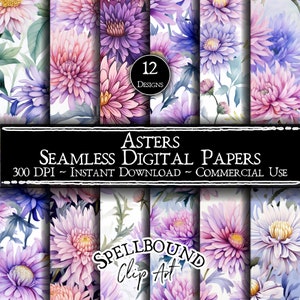 Asters Floral Seamless Digital Papers, Commercial Use, Instant Download, Flower Clipart, September Birth Flower, Flower Background