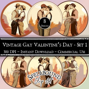 Clipart digital gay vintage, uso comercial, download instantâneo, clipart gay, PNG, clipart LGBTQ, clipart do dia dos namorados, homens se beijando