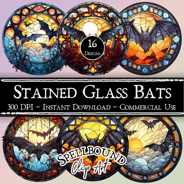 Stained Glass Bats Digital Clipart, Commercial Use, Instant Download, Stained Glass Window, Clip Art, PNG, Bat Clipart, Halloween Clipart