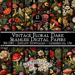 Vintage Dark Floral Seamless Digital Papers, Commercial Use, Instant Download, Vintage Clipart, Mushroom Clip Art, Large Flowers
