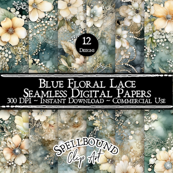 Blue Lace Ephemera Seamless Digital Papers, Commercial Use, Instant Download, Flower Clipart, Lace Texture