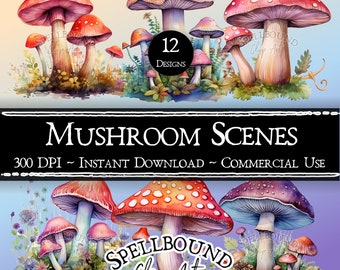 Watercolor Mushroom Digital Clipart, Commercial Use, Instant Download, Mushroom Clip Art, PNG, Forest Clipart, Nature Clipart