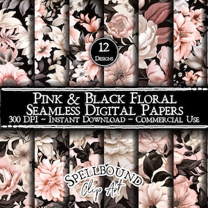 Rosa und schwarz Floral nahtlose digitale Papiere, kommerzielle Nutzung, sofortiger Download, Vintage Clipart, Vintage Tapete, große Blumen