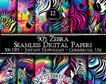 Neon 90er Jahre Zebra nahtlose digitale Papiere, kommerzielle Nutzung, sofortiger Download, digitale Clipart, Zebra-Druck, Tierdruck, Neon-Zebra