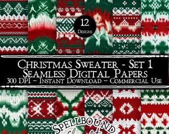May include: Twelve digital paper designs featuring red, green, and white Christmas sweater patterns. The text "Christmas Sweater - Set 1 Seamless Digital Papers 300 DPI - Instant Download - Commercial Use" is displayed on a black banner. The text "SPELLBOUND Clip Art" is displayed on a white banner.