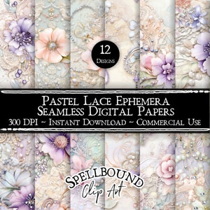 Pastell Spitze Ephemera nahtlose digitale Papiere, kommerzielle Nutzung, sofortiger Download, Blumen Clipart, Spitze Textur, digitale Ephemera