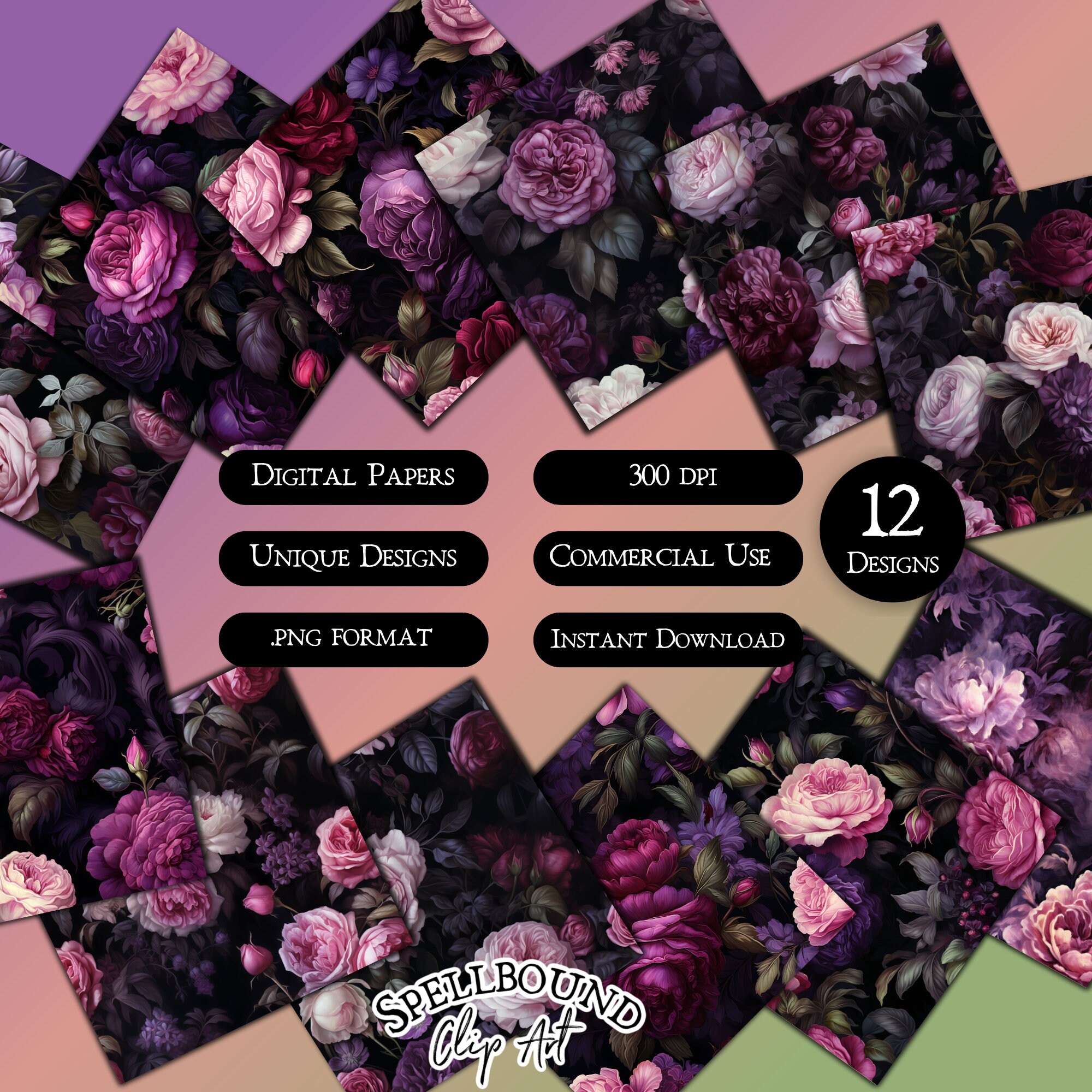Purple Floral Rococo Seamless Digital Papers, Commercial Use, Instant ...