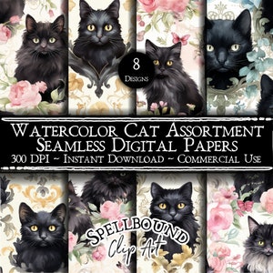 Watercolor Cats Seamless Digital Papers, Commercial Use, Instant Download, Flower Clipart, Cat Clipart, Black Cats, Seamless Pattern