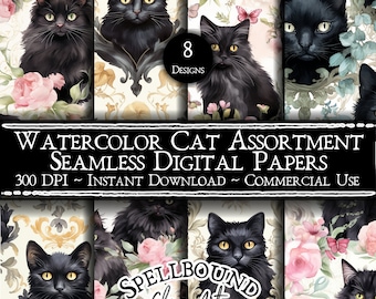 Watercolor Cats Seamless Digital Papers, Commercial Use, Instant Download, Flower Clipart, Cat Clipart, Black Cats, Seamless Pattern