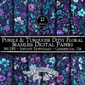 Lila & Türkis Ditsy Floral nahtlose digitale Papiere, kommerzielle Nutzung, Instant Download, Vintage Clipart, nahtlose Blumen, Petrol