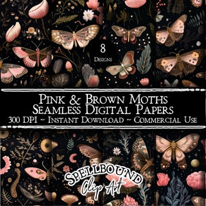 Papéis digitais sem costura de mariposas rosa e marrons, uso comercial, download instantâneo, clipart místico, clipart celestial, clipart de bruxa