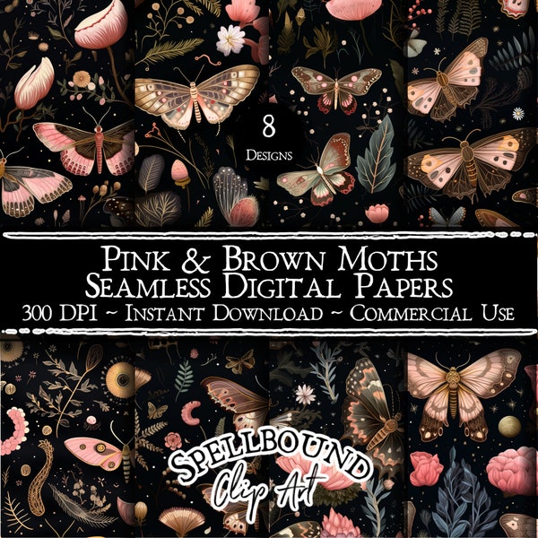 Pink and Brown Moths Seamless Digital Papers, Commercial Use, Instant Download, Mystical Clipart, Celestial Clipart, Witchy Clipart