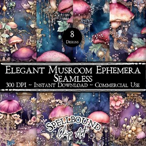 Eleganti funghi effimeri documenti digitali senza giunture, uso commerciale, download istantaneo, clipart di fiori, clipart di funghi, clipart shabby chic