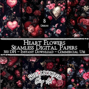 Heart Flowers Seamless Digital Papers, Commercial Use, Instant Download, Heart Clipart, Valentine's Day, Gothic Clipart, Flower Background