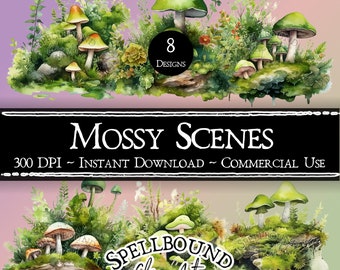 Mossy Nature Scenes Digitale Clipart, Commercieel Gebruik, Instant Download, Mushroom Clipart, Forest Clip Art, PNG, Moss Clipart