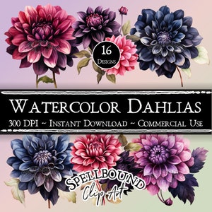 Watercolor Dahlia Digital Clipart, Commercial Use, Instant Download, Flower Clip Art, PNG, Dark Flowers, Goth Flowers, Black Flowers