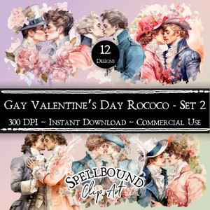 Gay Rococo digitale clipart, commercieel gebruik, Instant Download, Gay illustraties, PNG, LGBTQ clipart, Valentijnsdag clipart, mannen zoenen
