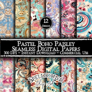 Pastel Boho Paisley Seamless Digital Papers, Zastosowanie komercyjne, Natychmiastowe pobieranie, Pastel Paisley, Bezszwowy wzór Paisley, Jasny Paisley