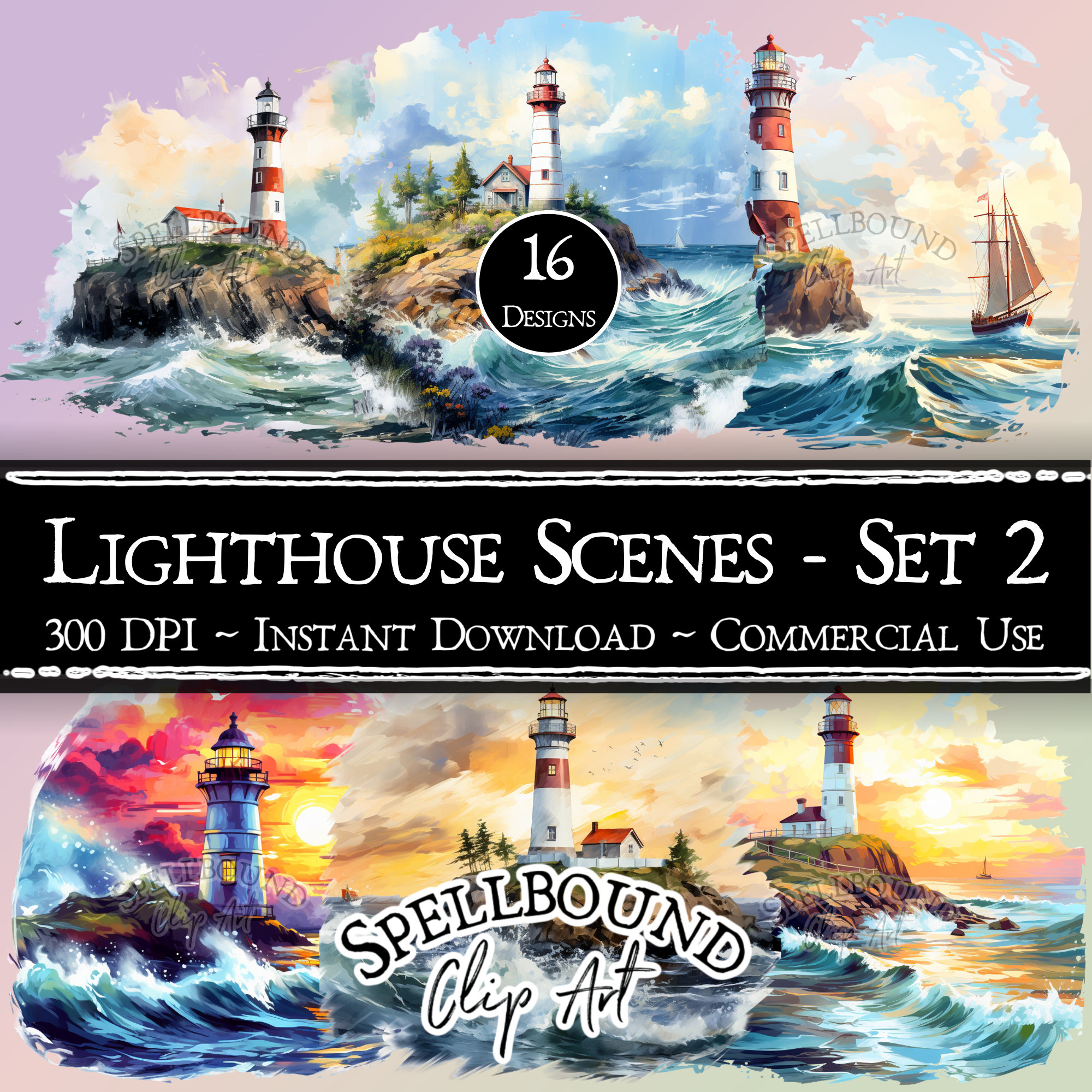 Lighthouse Scenes Digital Clipart, Commercial Use, Instant Download ...