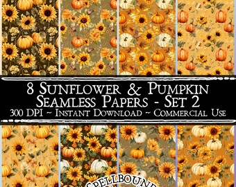 Papeles digitales de girasol y calabaza, sin costuras, uso comercial, descarga instantánea, imágenes prediseñadas de otoño, imágenes prediseñadas de Halloween