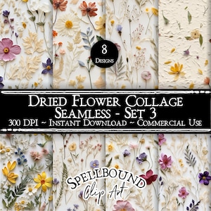 Papéis digitais sem costura de papel prensado à mão, uso comercial, download instantâneo, clipart de flores, flores secas, colagem