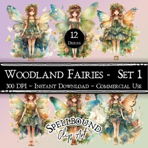 Woodland Fairies Digital Clipart, Commercial Use, Instant Download, Green Fairies Clip Art, PNG, Fairy Clipart, Faery Clipart, Nature