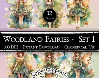 Woodland Fairies Digital Clipart, Commercial Use, Instant Download, Green Fairies Clip Art, PNG, Fairy Clipart, Faery Clipart, Nature
