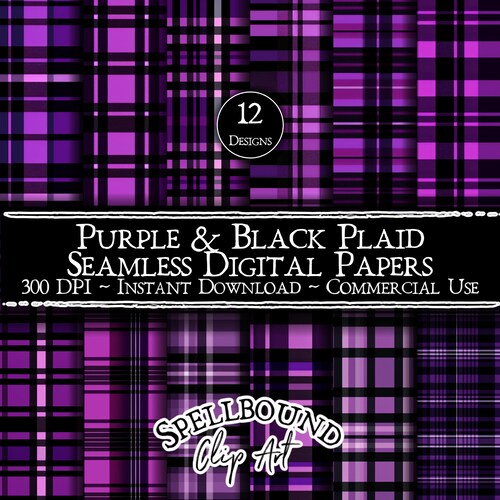Purple and Black Plaid Seamless Digital Papers, Commercial Use, Instant Download, Geometric Clipart, Seamless Pattern, Seamless Plaid