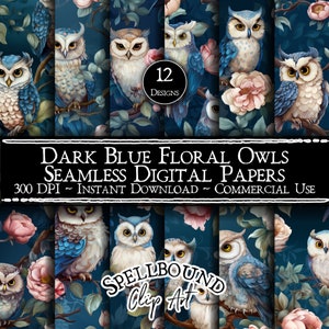 Dunkel blau Blumen Eule nahtlose digitale Papiere, kommerzielle Nutzung, sofortiger Download, Blumen Clipart, Eule Clipart, dekorative Eulen, Blumenmuster