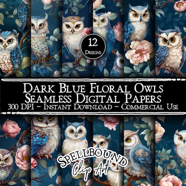 Dark Blue Floral Owl Seamless Digital Papers, Commercial Use, Instant Download, Flower Clipart, Owl Clipart, Ornamental Owls, Flower Pattern