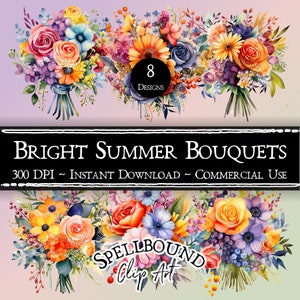 Bright Watercolor Flower Bouquets, Digital Clipart, Commercial Use, Instant Download, Flower Clip Art, PNG