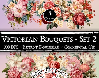 Victorian Flower Bouquets Digital Clipart, Commercial Use, Instant Download, Flower Clip Art, PNG, Victorian Floral, Rococo, Baroque