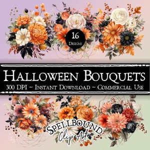 Halloween Flower Bouquets Digital Clipart, Commercial Use, Instant Download, Fall Clipart, Autumn Clip Art, Halloween Clipart, PNG