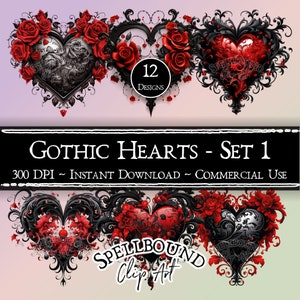Clipart digital de corações góticos, uso comercial, download instantâneo, clipart de filagrana, PNG, clipart de amor, clipart gótico do dia dos namorados