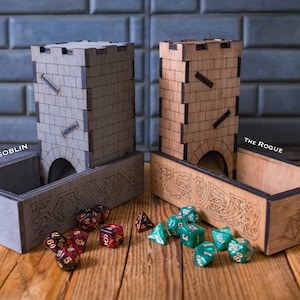 Dice Tower and Dice Tray with Dice Jail and Free Dice Set, Dnd Gift, Dice box, Dice storage, Wood, Laser Engraved, Custom