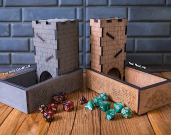Torre dei dadi e vassoio dei dadi con prigione dei dadi e set di dadi gratuiti, regalo Dnd, scatola dei dadi, deposito dei dadi, legno, incisione laser, personalizzato
