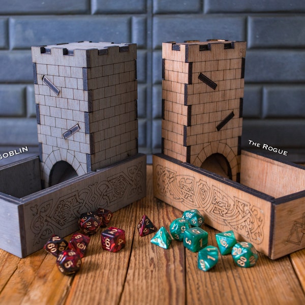 Dice Tower and Dice Tray with Dice Jail and Free Dice Set, Dnd Gift, Dice box, Dice storage, Wood, Laser Engraved, Custom