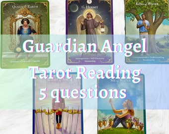 May include: Five tarot cards laid out on a white surface. The cards are from the Guardian Angel Tarot deck. The cards are: Queen of Earth, The Hermit, King of Water, Eight of Swords, and Six of Water.