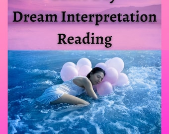 Puede incluir: Una mujer durmiendo sobre una cama de globos rosas flotando en un cuerpo de agua azul. El texto "Same Day Dream Interpretation Reading" está en la parte superior de la imagen.